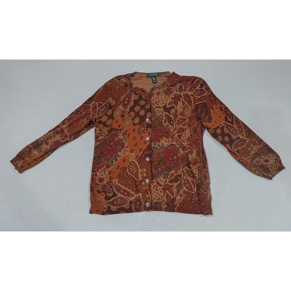Lauren Ralph Lauren Cardigan Womens XL Brown Paisley Silk Cotton Classic